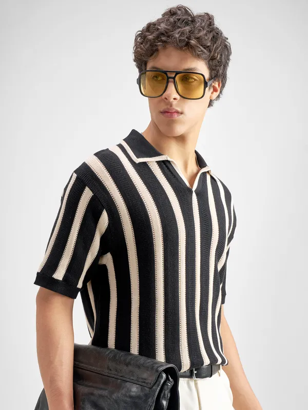 Highlander Men Black Self Design Polo Collar T-Shirt