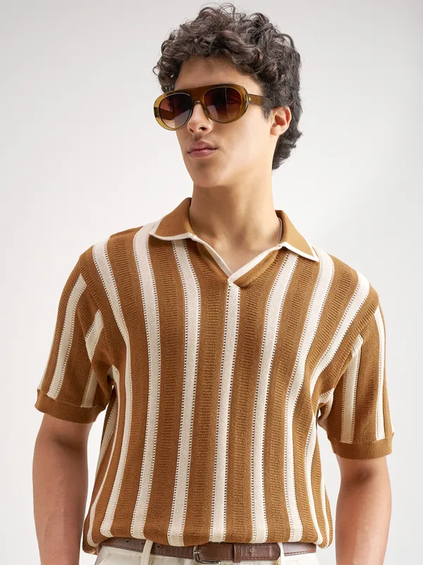 Highlander Men Mustard Self Design Polo Collar T-Shirt