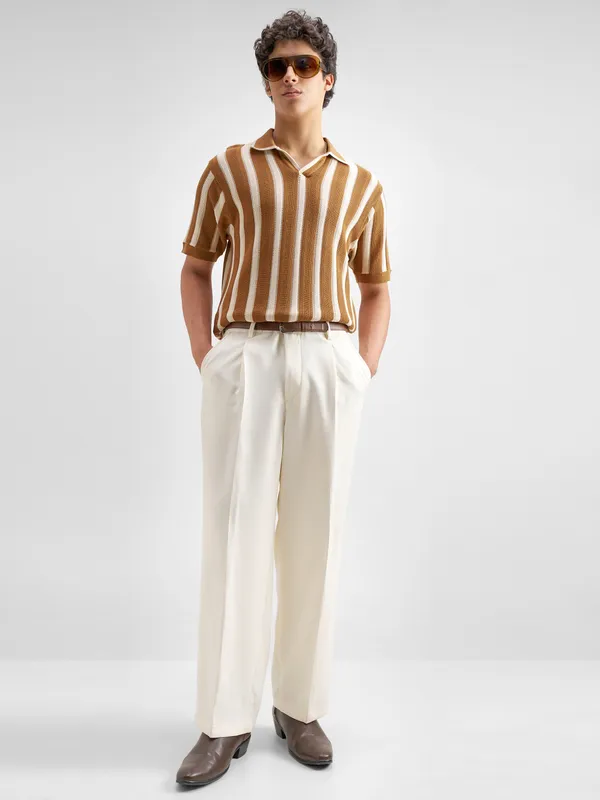 Highlander Men Mustard Self Design Polo Collar T-Shirt