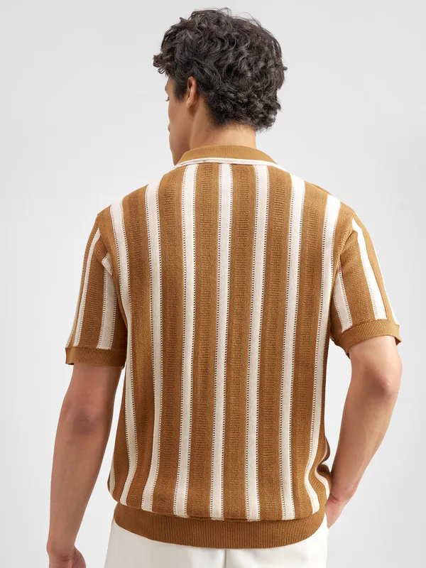 Highlander Men Mustard Self Design Polo Collar T-Shirt