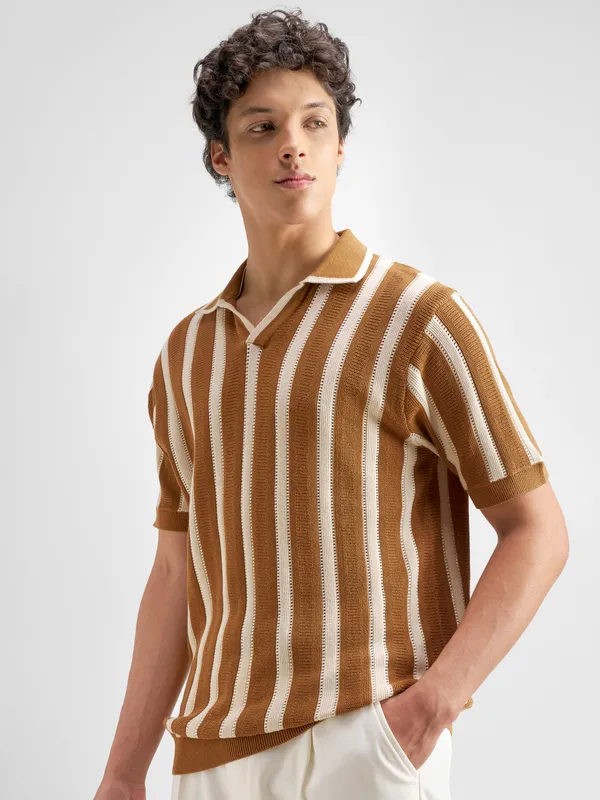 Highlander Men Mustard Self Design Polo Collar T-Shirt