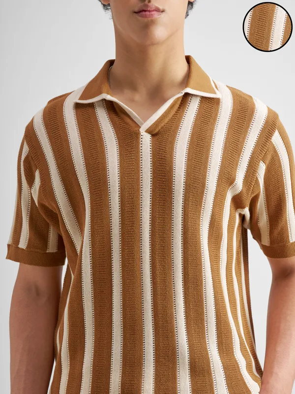 Highlander Men Mustard Self Design Polo Collar T-Shirt