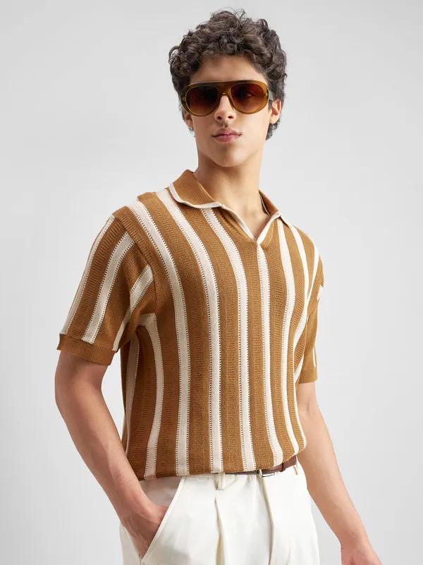 Highlander Men Mustard Self Design Polo Collar T-Shirt