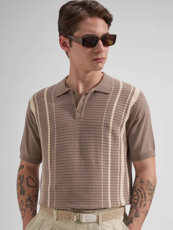 Highlander Men Taupe Striped Polo Collar T-Shirt