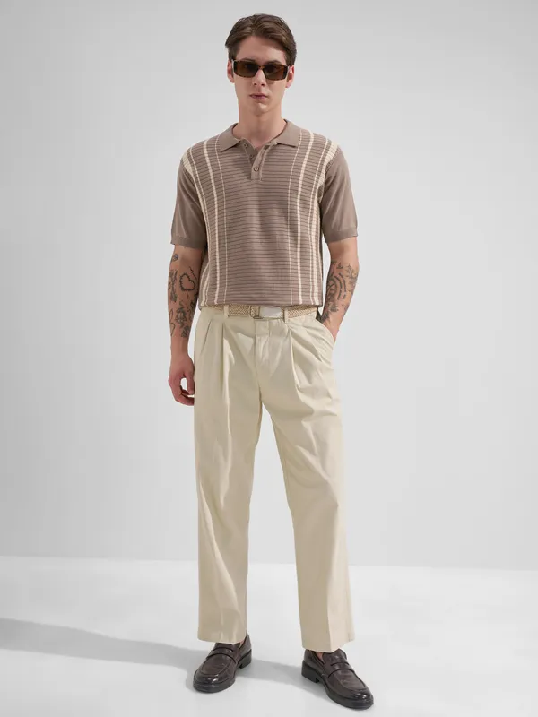 Highlander Men Taupe Striped Polo Collar T-Shirt