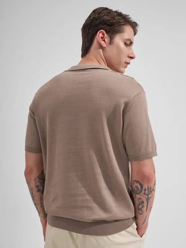 Highlander Men Taupe Striped Polo Collar T-Shirt