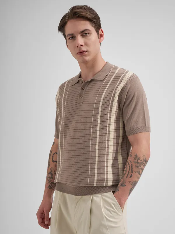 Highlander Men Taupe Striped Polo Collar T-Shirt