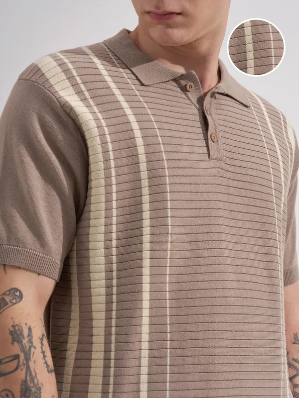 Highlander Men Taupe Striped Polo Collar T-Shirt