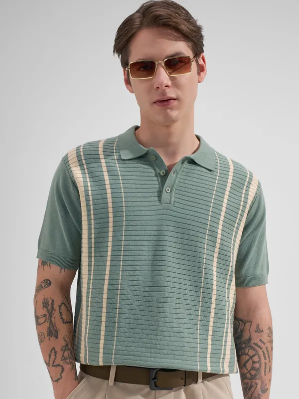 Highlander Men Green Striped Polo Collar T-Shirt