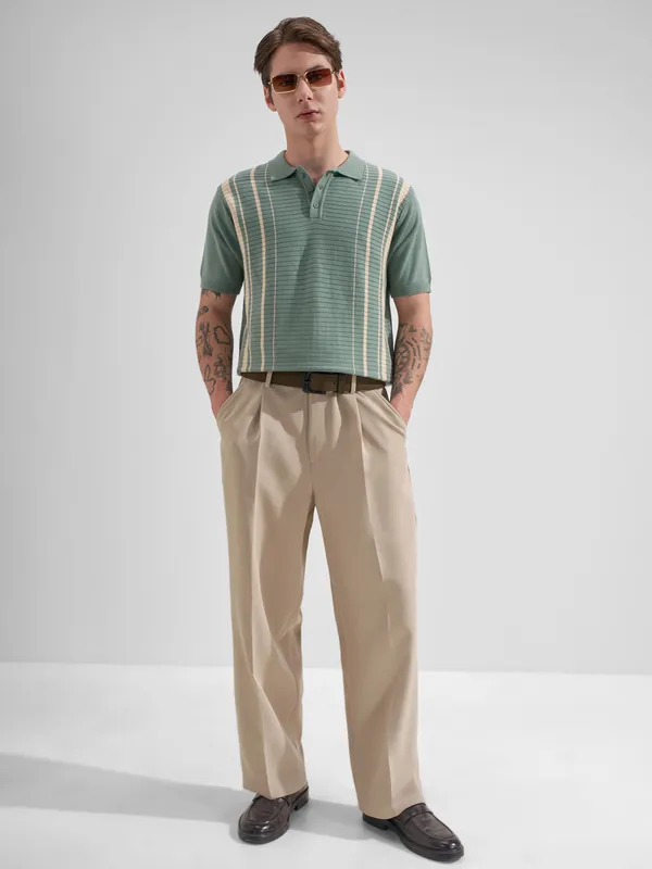 Highlander Men Green Striped Polo Collar T-Shirt