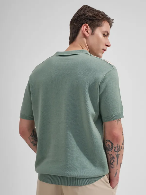 Highlander Men Green Striped Polo Collar T-Shirt