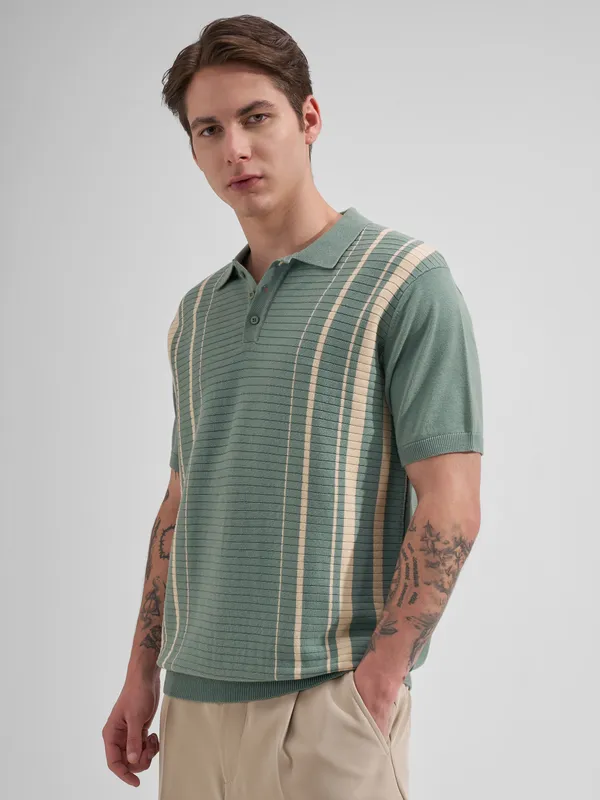 Highlander Men Green Striped Polo Collar T-Shirt