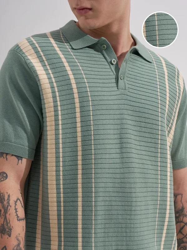 Highlander Men Green Striped Polo Collar T-Shirt