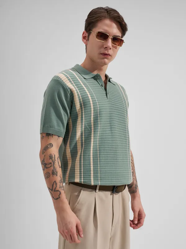 Highlander Men Green Striped Polo Collar T-Shirt