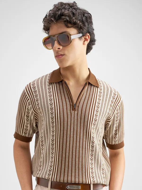 Highlander Men Brown Self Design Polo Collar T-Shirt