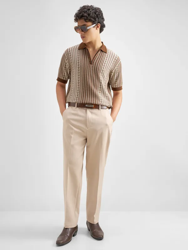 Highlander Men Brown Self Design Polo Collar T-Shirt