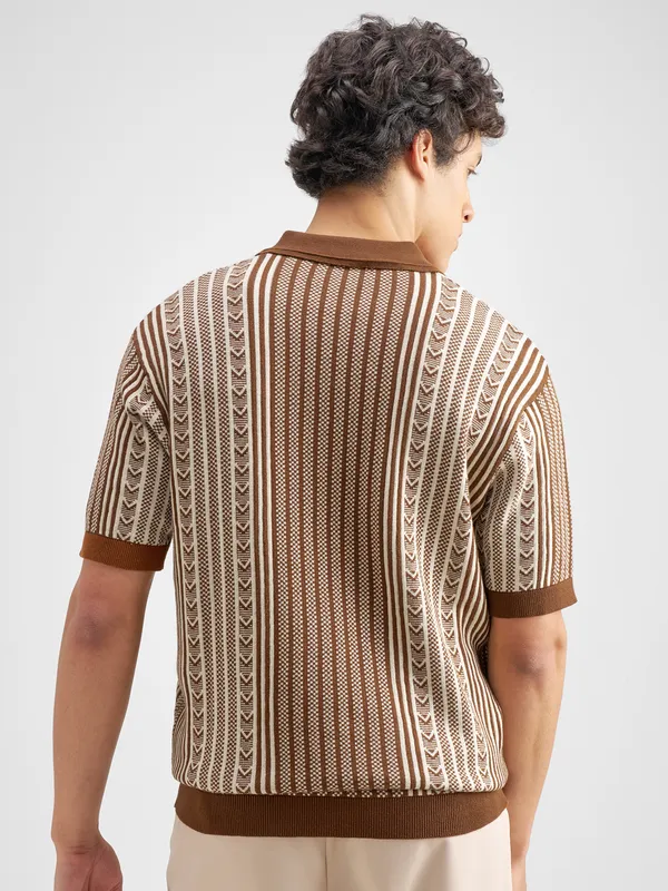 Highlander Men Brown Self Design Polo Collar T-Shirt