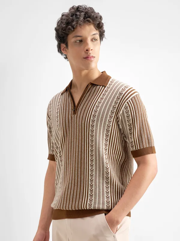 Highlander Men Brown Self Design Polo Collar T-Shirt