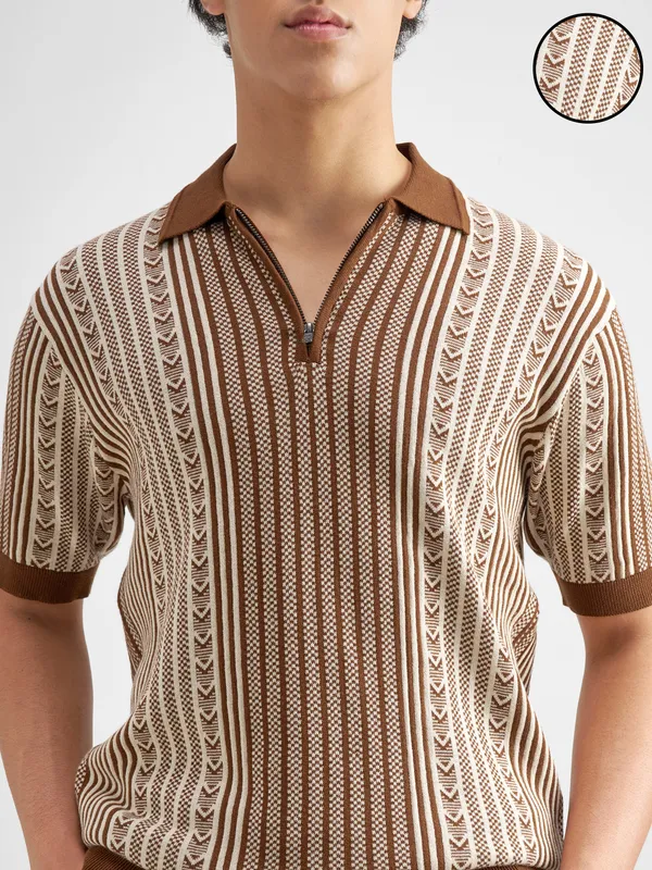 Highlander Men Brown Self Design Polo Collar T-Shirt