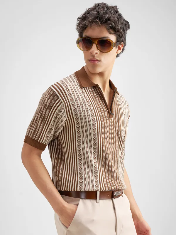 Highlander Men Brown Self Design Polo Collar T-Shirt