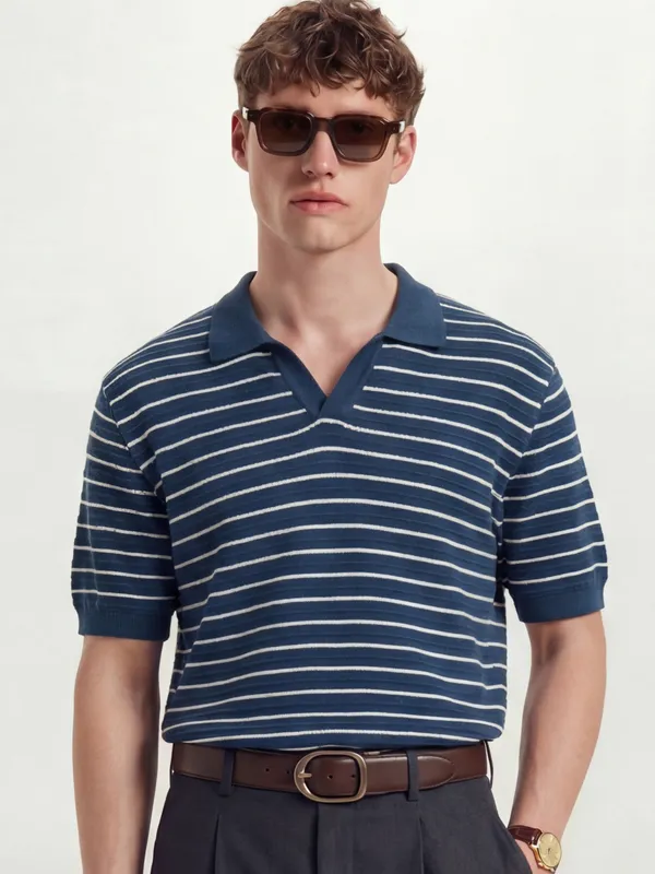 Highlander Men Navy Blue Self Design Polo Collar T-Shirt