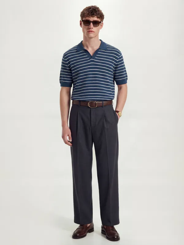 Highlander Men Navy Blue Self Design Polo Collar T-Shirt