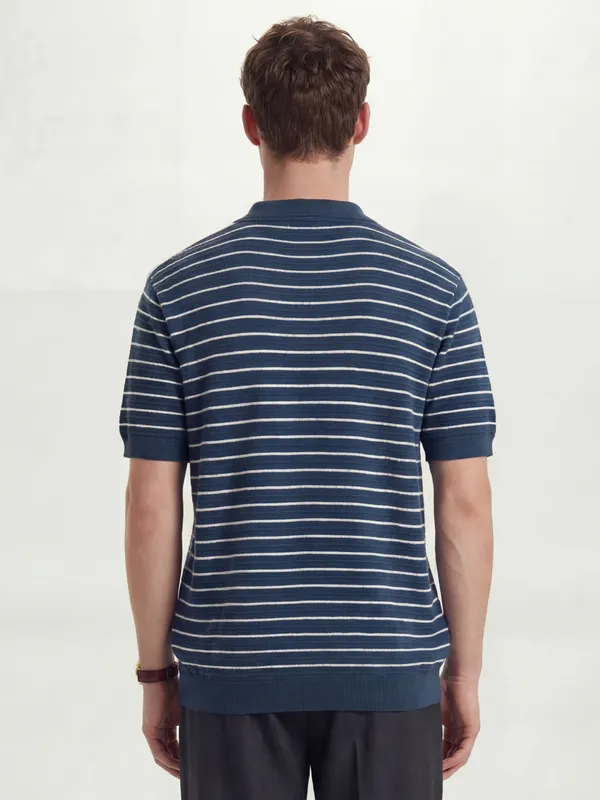 Highlander Men Navy Blue Self Design Polo Collar T-Shirt