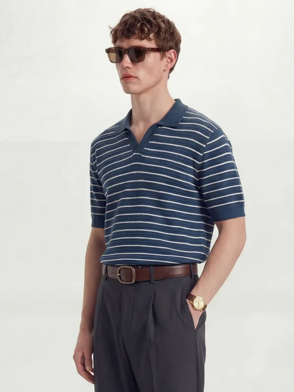 Highlander Men Navy Blue Self Design Polo Collar T-Shirt