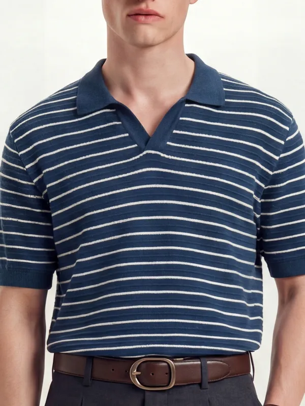 Highlander Men Navy Blue Self Design Polo Collar T-Shirt