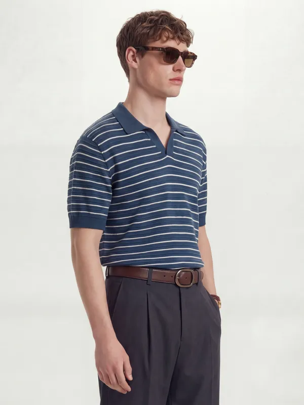 Highlander Men Navy Blue Self Design Polo Collar T-Shirt