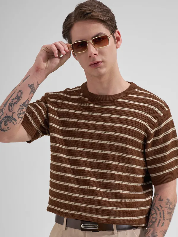 Highlander Men Brown Striped Round Neck T-Shirt
