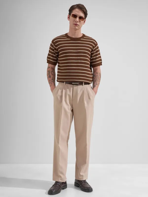 Highlander Men Brown Striped Round Neck T-Shirt