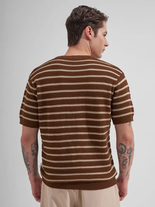 Highlander Men Brown Striped Round Neck T-Shirt