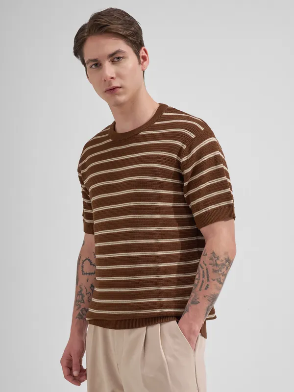 Highlander Men Brown Striped Round Neck T-Shirt