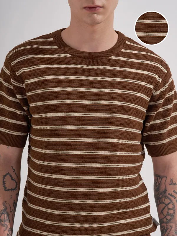 Highlander Men Brown Striped Round Neck T-Shirt