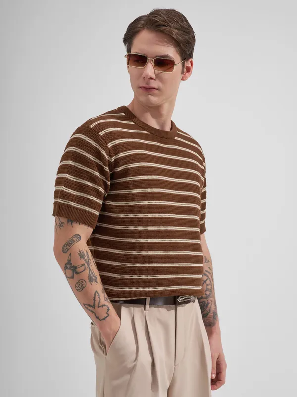 Highlander Men Brown Striped Round Neck T-Shirt