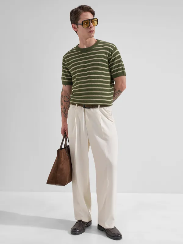 Highlander Men Olive Striped Round Neck T-Shirt