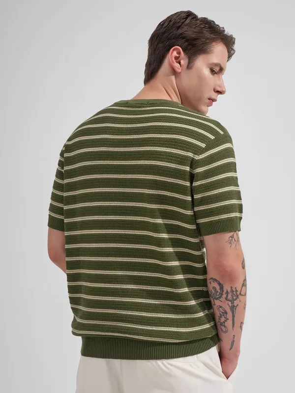 Highlander Men Olive Striped Round Neck T-Shirt