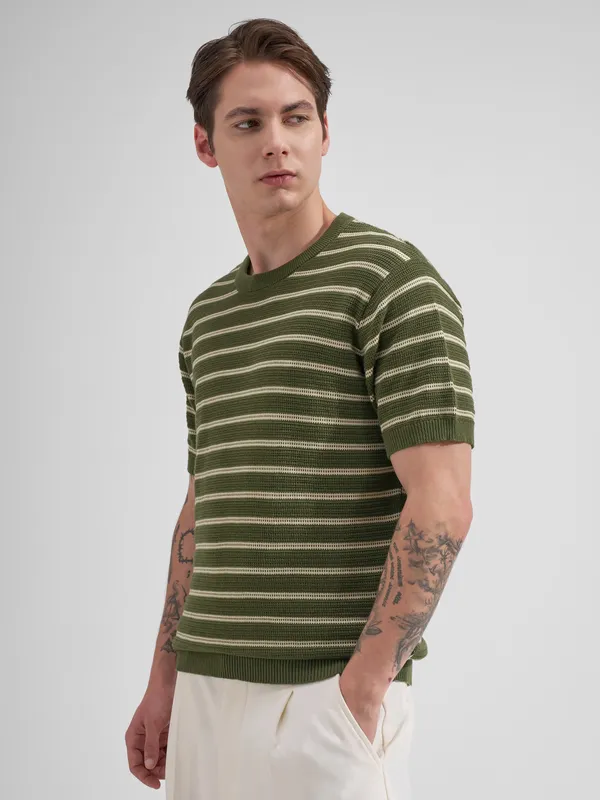 Highlander Men Olive Striped Round Neck T-Shirt