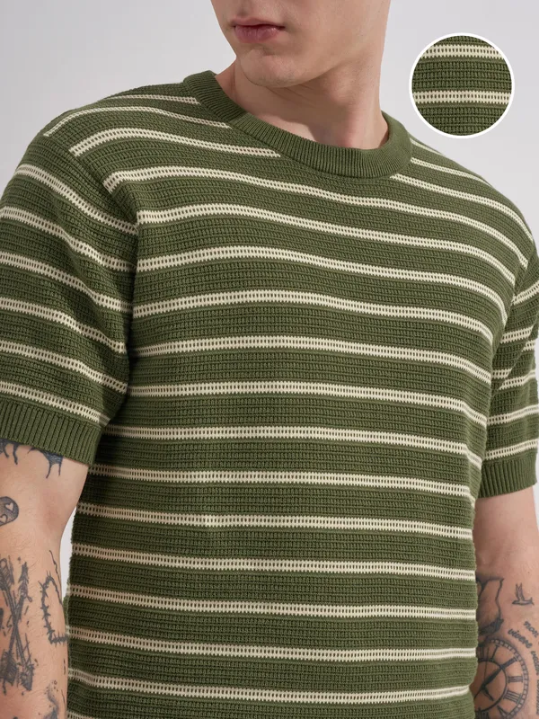 Highlander Men Olive Striped Round Neck T-Shirt