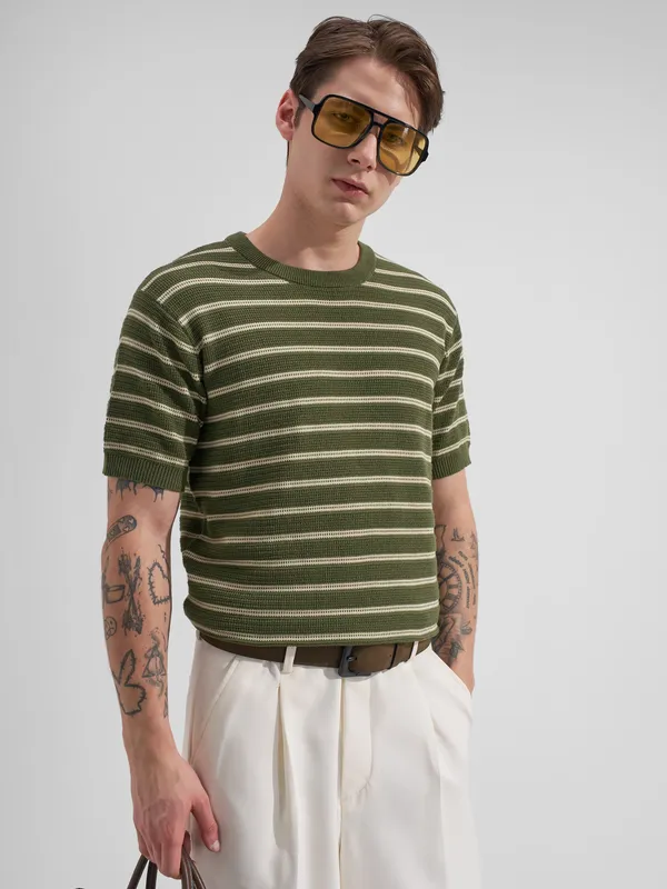 Highlander Men Olive Striped Round Neck T-Shirt