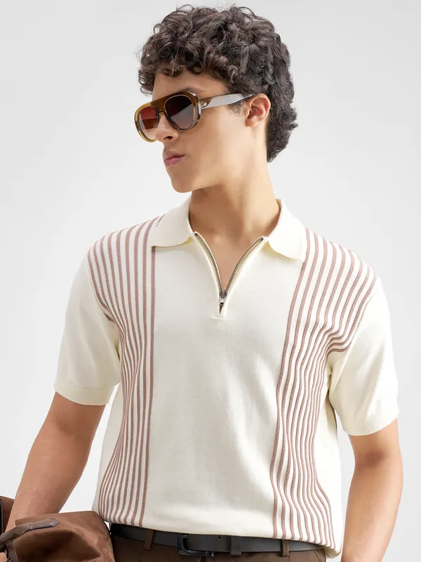 Highlander Men Off White Self Design Polo Collar T-Shirt