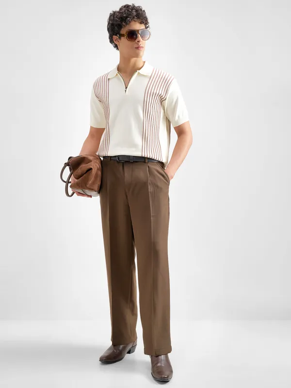 Highlander Men Off White Self Design Polo Collar T-Shirt