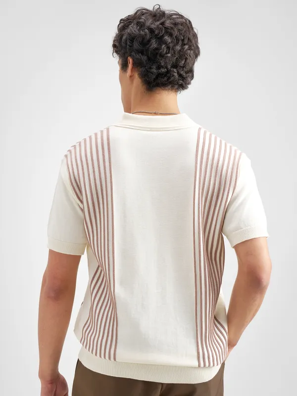 Highlander Men Off White Self Design Polo Collar T-Shirt