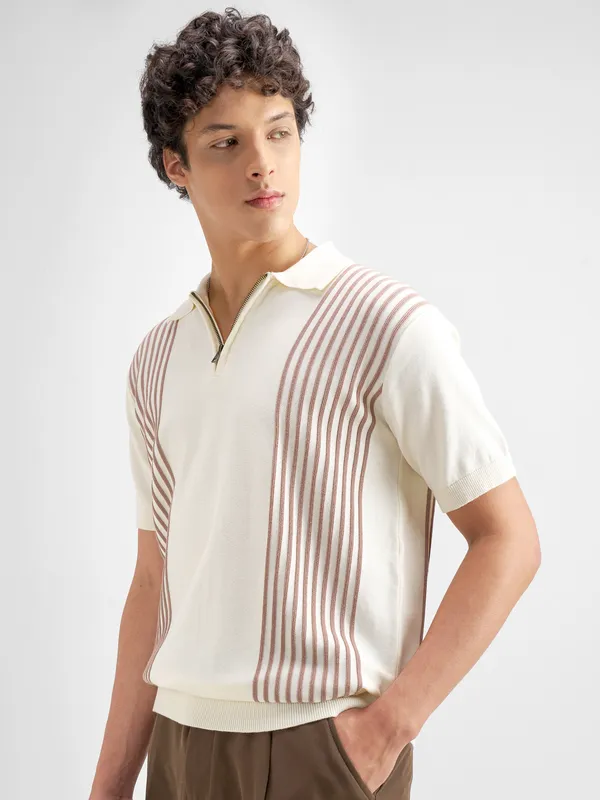 Highlander Men Off White Self Design Polo Collar T-Shirt