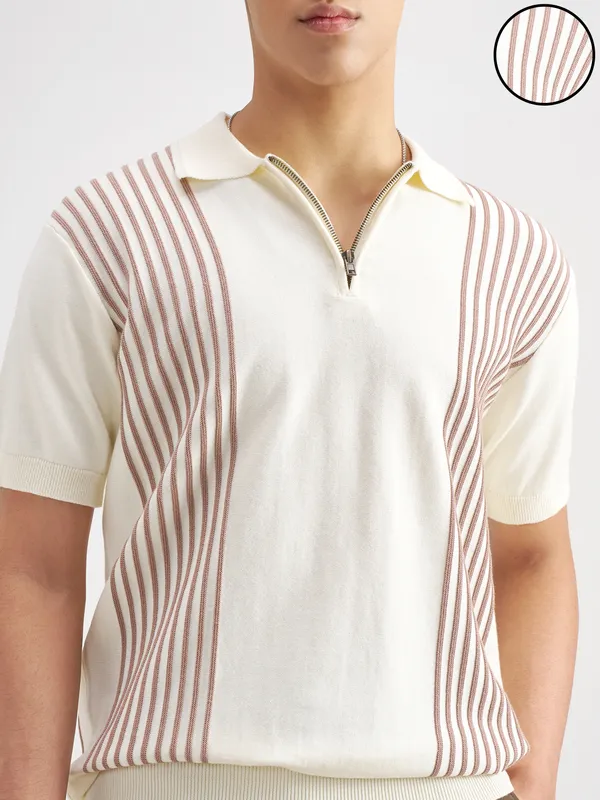 Highlander Men Off White Self Design Polo Collar T-Shirt