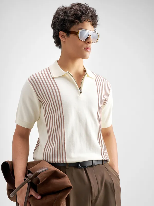 Highlander Men Off White Self Design Polo Collar T-Shirt