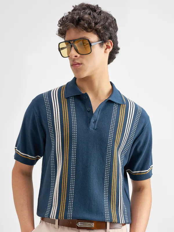 Highlander Men Navy Blue Striped Polo Collar T-Shirt