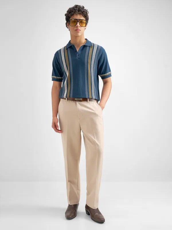 Highlander Men Navy Blue Striped Polo Collar T-Shirt