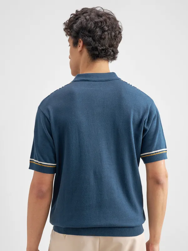 Highlander Men Navy Blue Striped Polo Collar T-Shirt